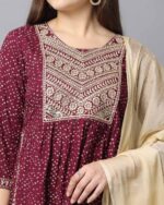 Women Bandhej Print Straight Kurta with Pants & Dupatta - Image 2