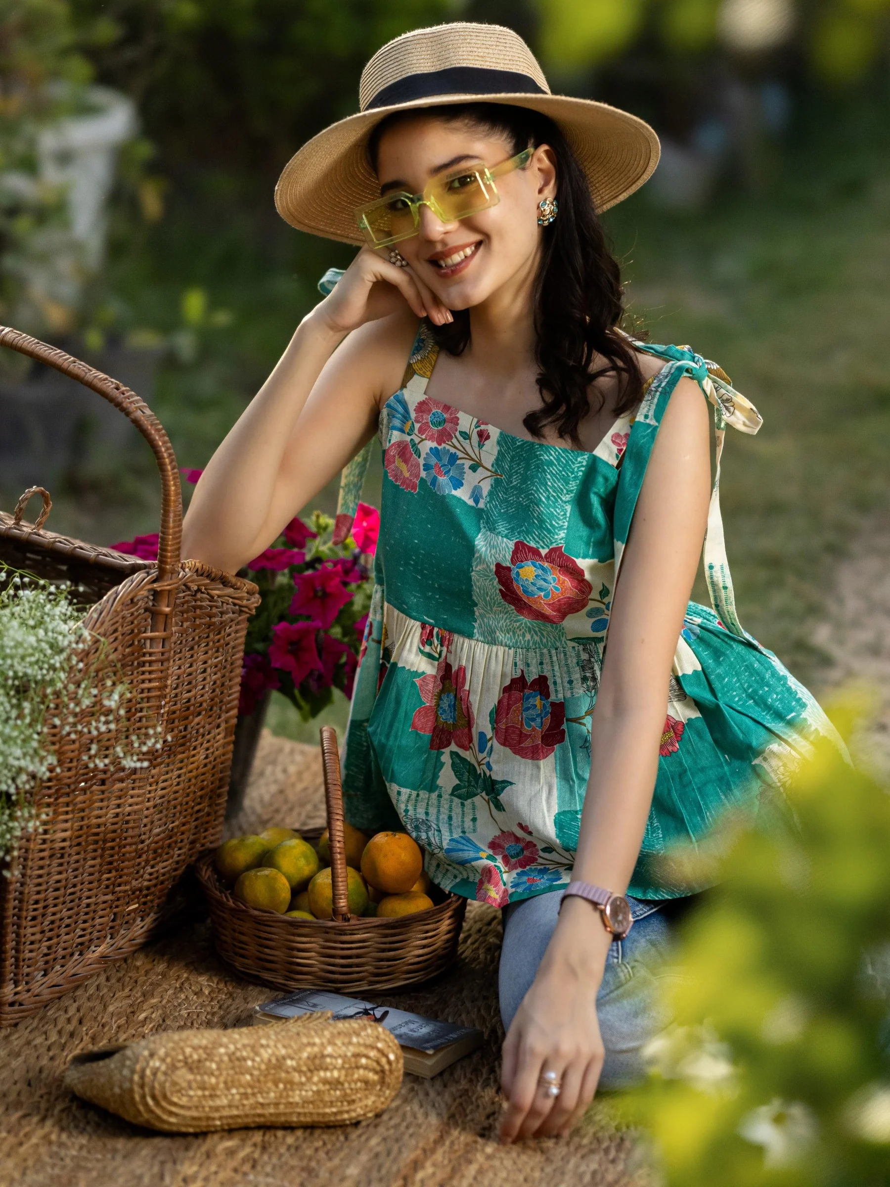 29378O_2Main.webp Green Printed Cotton Anarkali Short Kurti - Image 1