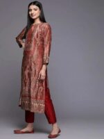 Rust Printed Velvet Straight Kurta - Image 2
